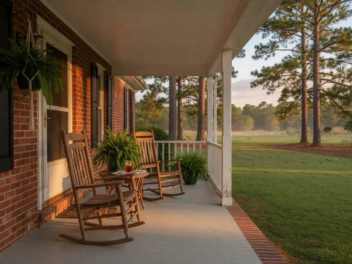 Two rocking chairs on the porch of a single-story home in the Sandhills at golden hour