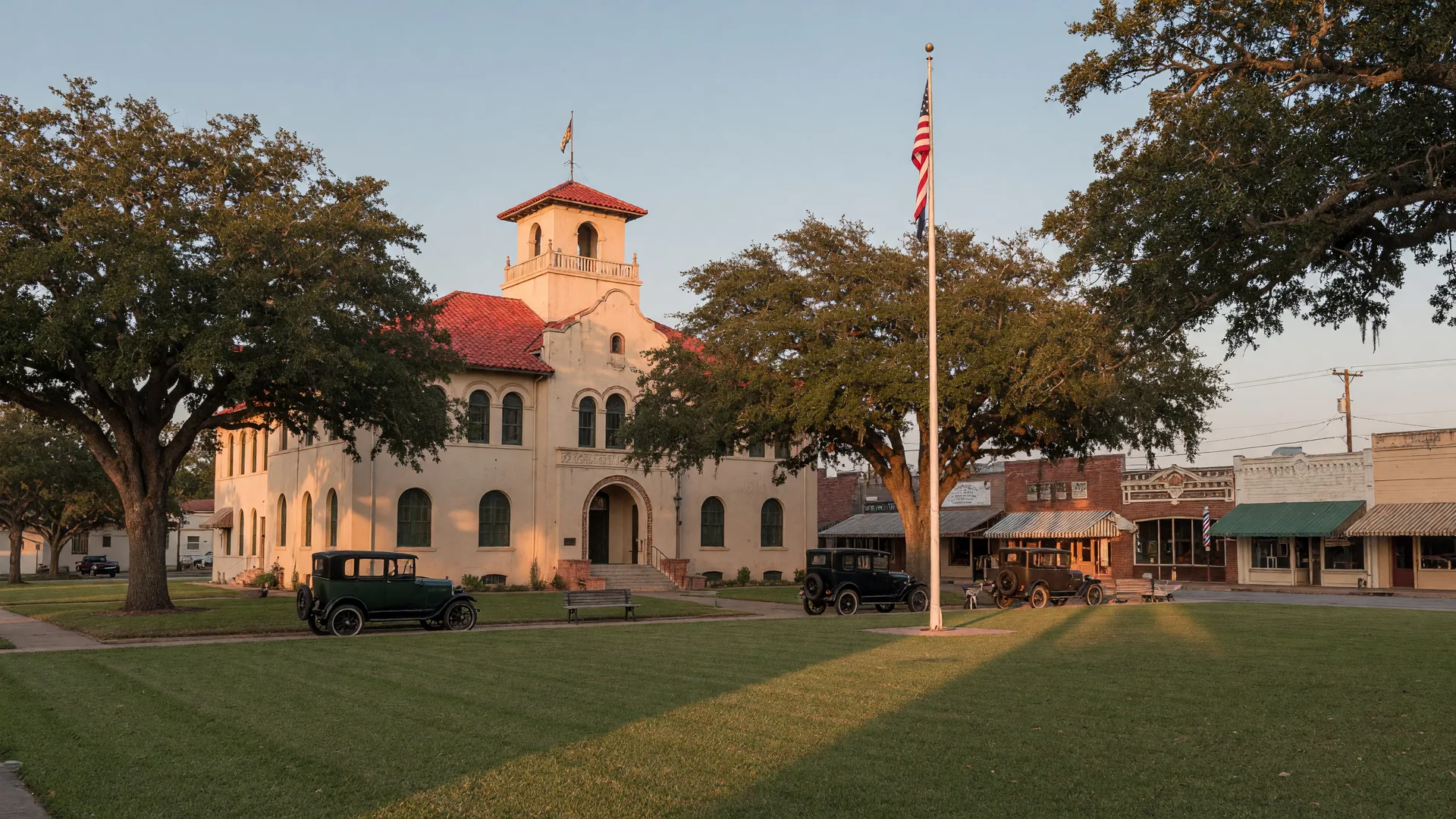 The historic courthouse square in Jourdanton, Texas under live oaks at late afternoon, in the home inspection service area of Rodeo Home Inspections
