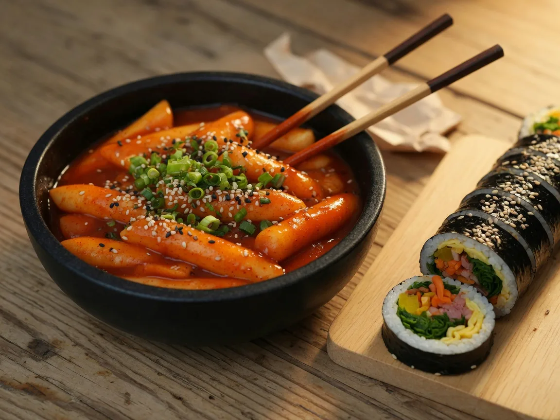 Korean street food: spicy tteokbokki rice cakes in a black stone bowl with sesame seeds and scallions, next to sliced gimbap
