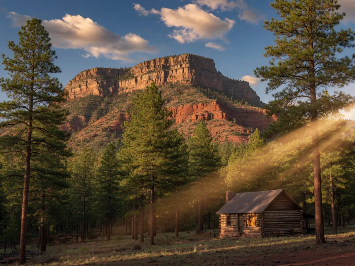 Mogollon Rim escarpment rising behind a rustic cabin in the Ponderosa pine forest near Payson, Arizona on a clear summer afternoon