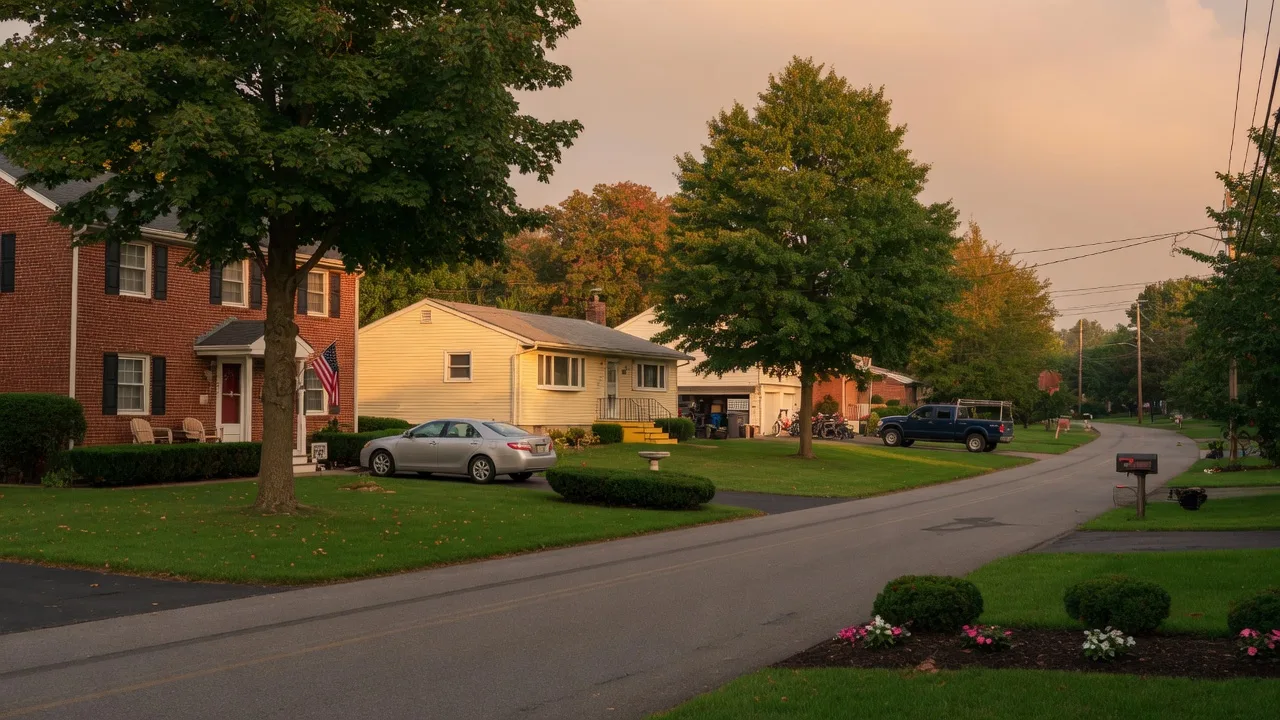 Suburban Delaware County, Pennsylvania streetscape with Colonial and ranch homes, manicured lawns, and mature shade trees in warm golden-hour light