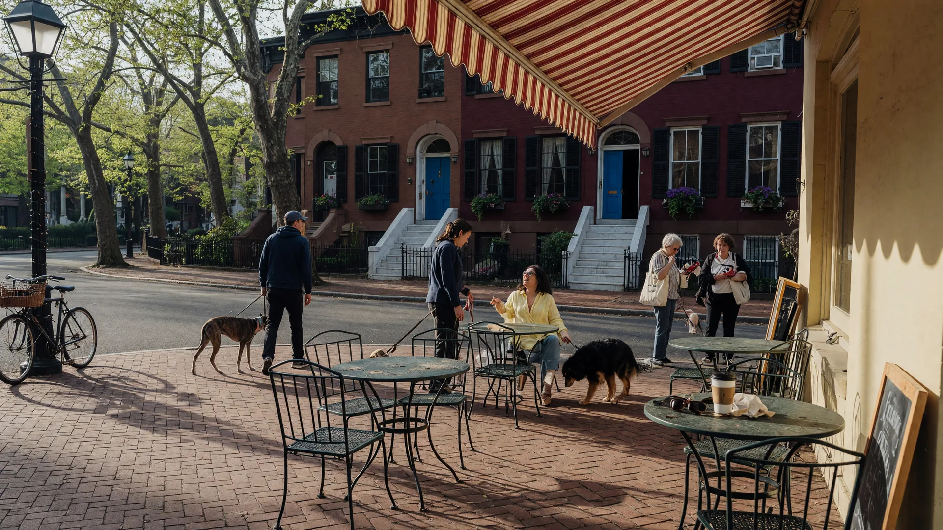 Charming Fitler Square cafe scene with outdoor patio seating on a sunlit morning