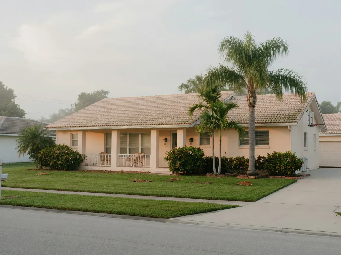 A Florida home on a quiet street in soft morning light, a peaceful mood of new options