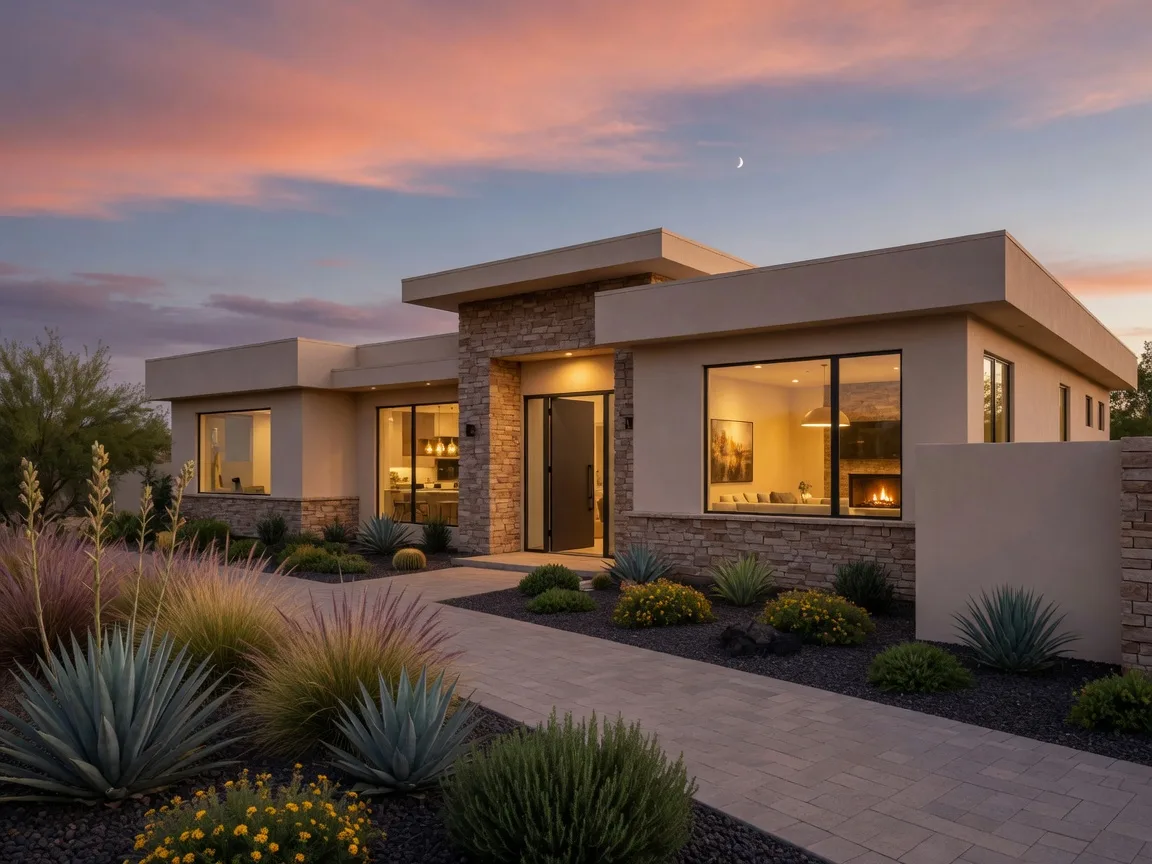 Modern Las Vegas desert home exterior at dusk with warm interior lights glowing