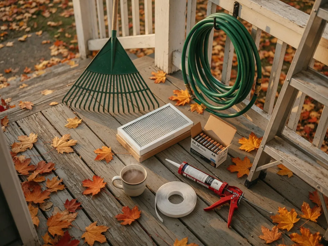 Autumn home maintenance tools on a wooden porch: a leaf rake, coiled garden hose, HVAC air filter, ladder, weatherstripping tape, caulk and caulk gun, and scattered red and orange maple leaves in golden-hour light