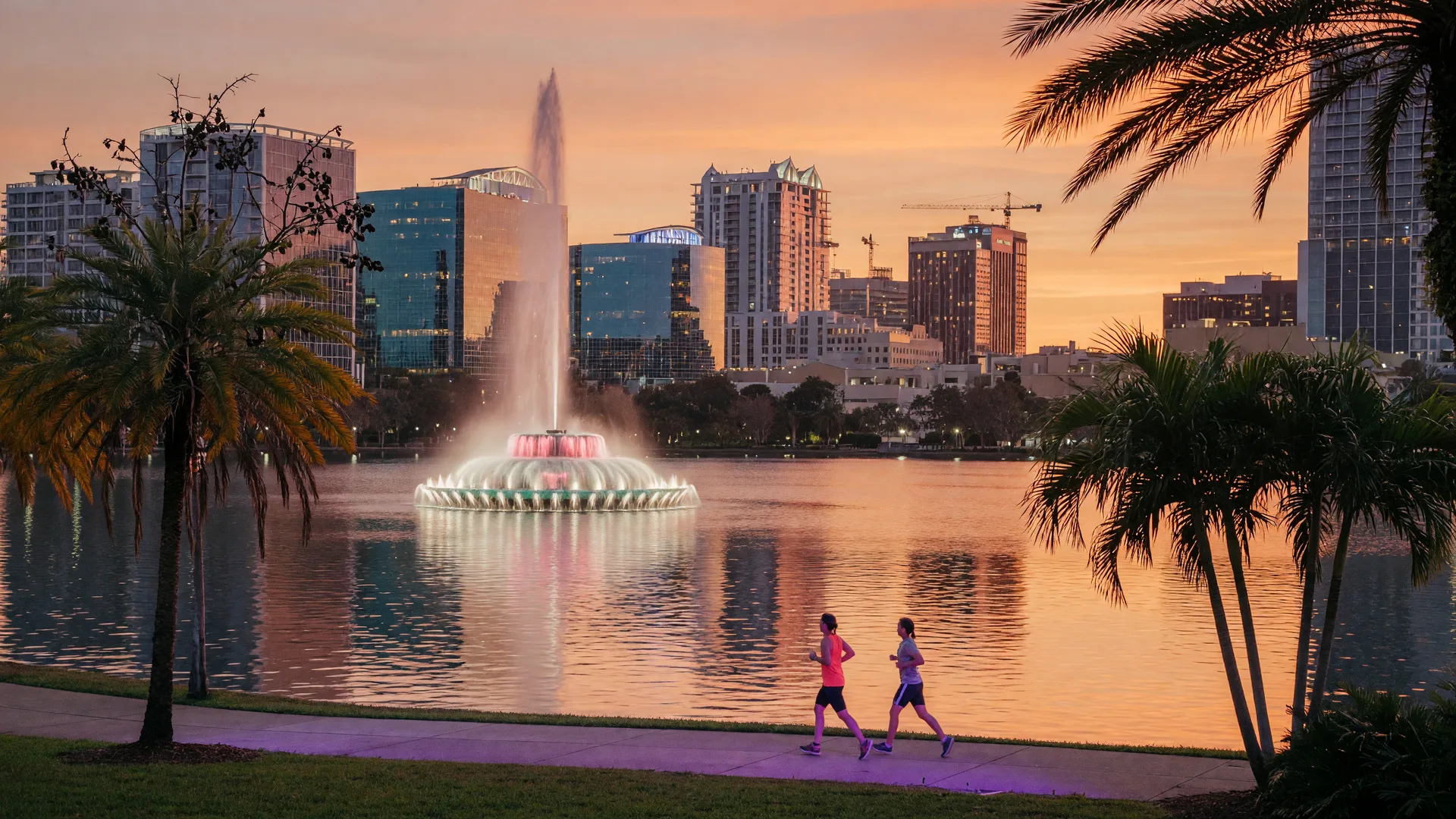 Downtown Orlando skyline over Lake Eola at golden hour