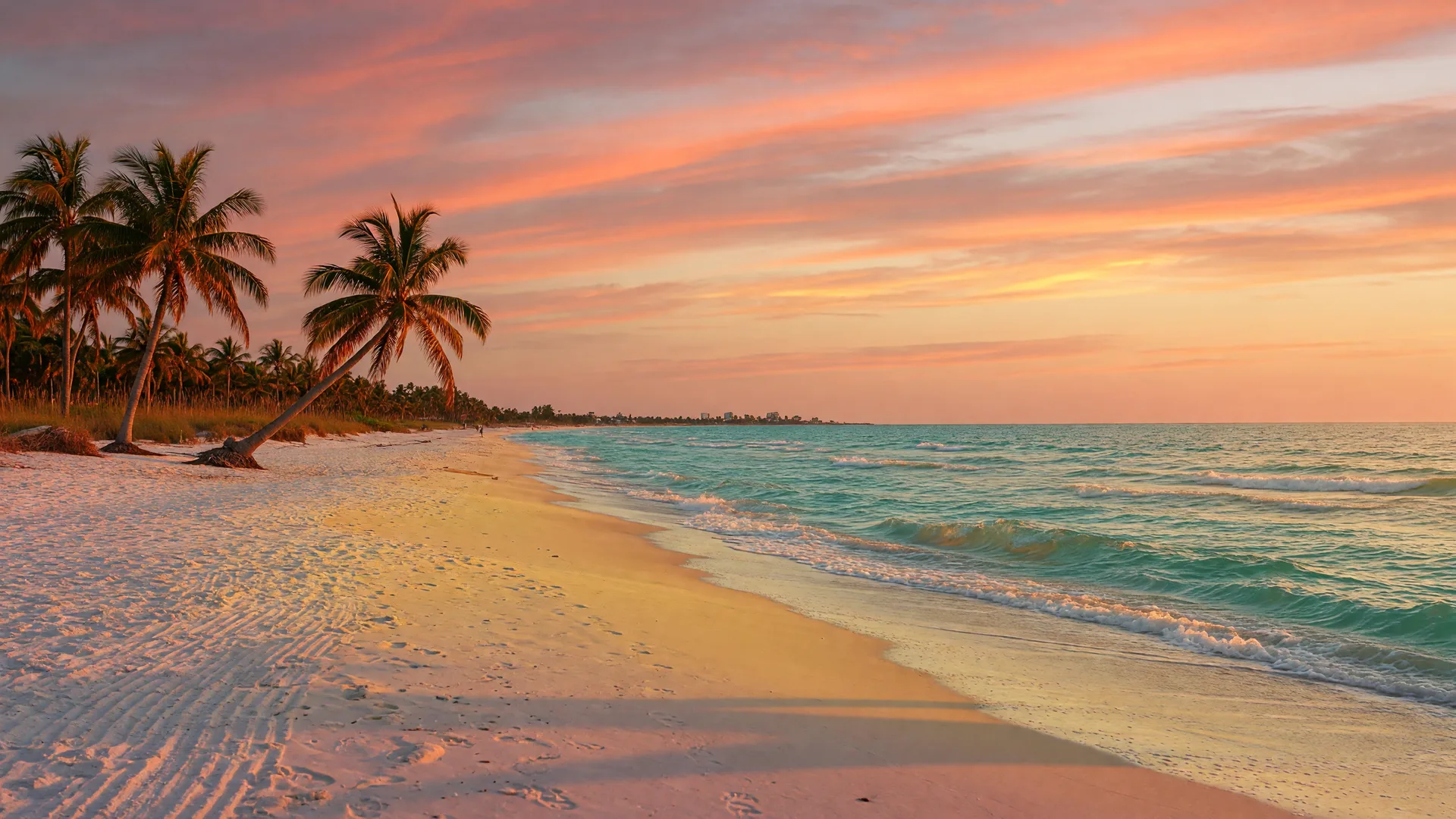 Naples, Florida Gulf beach at sunset with soft white sand, gentle surf, and coconut palms under a coral and peach sky