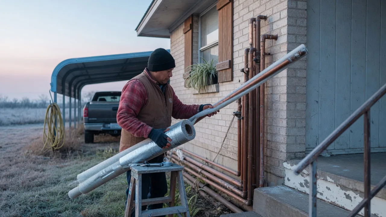A homeowner insulating exterior pipes for freeze preparation