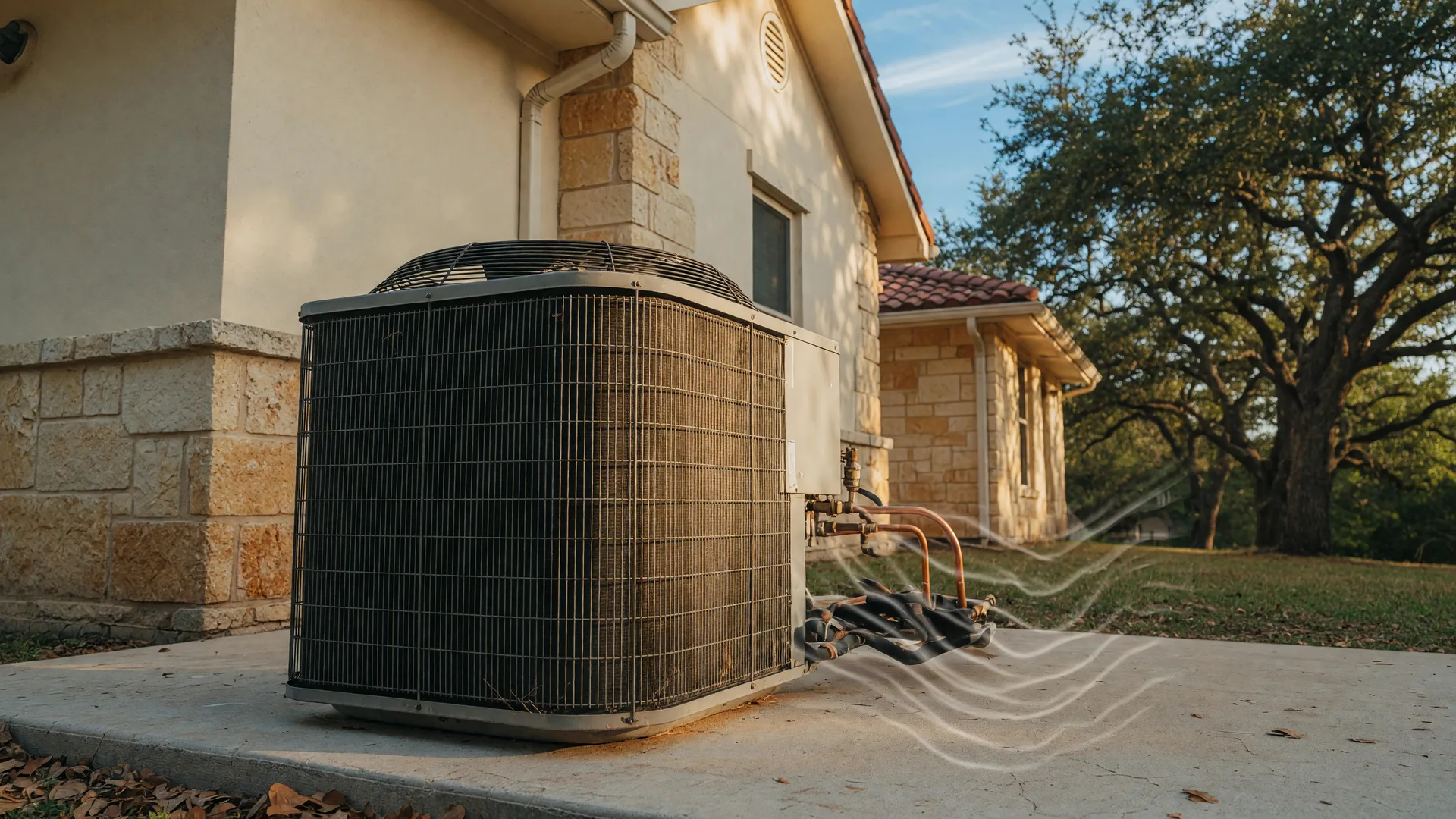 An air conditioning condenser unit beside a Texas Hill Country home in golden late-spring light, the kind of HVAC system an AC inspection before summer in Texas evaluates