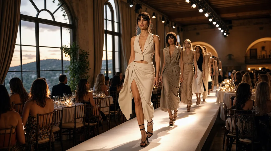 Fashion runway show inside a historic hotel venue with arched windows, a lit runway, guests at candlelit tables, and warm twilight lighting