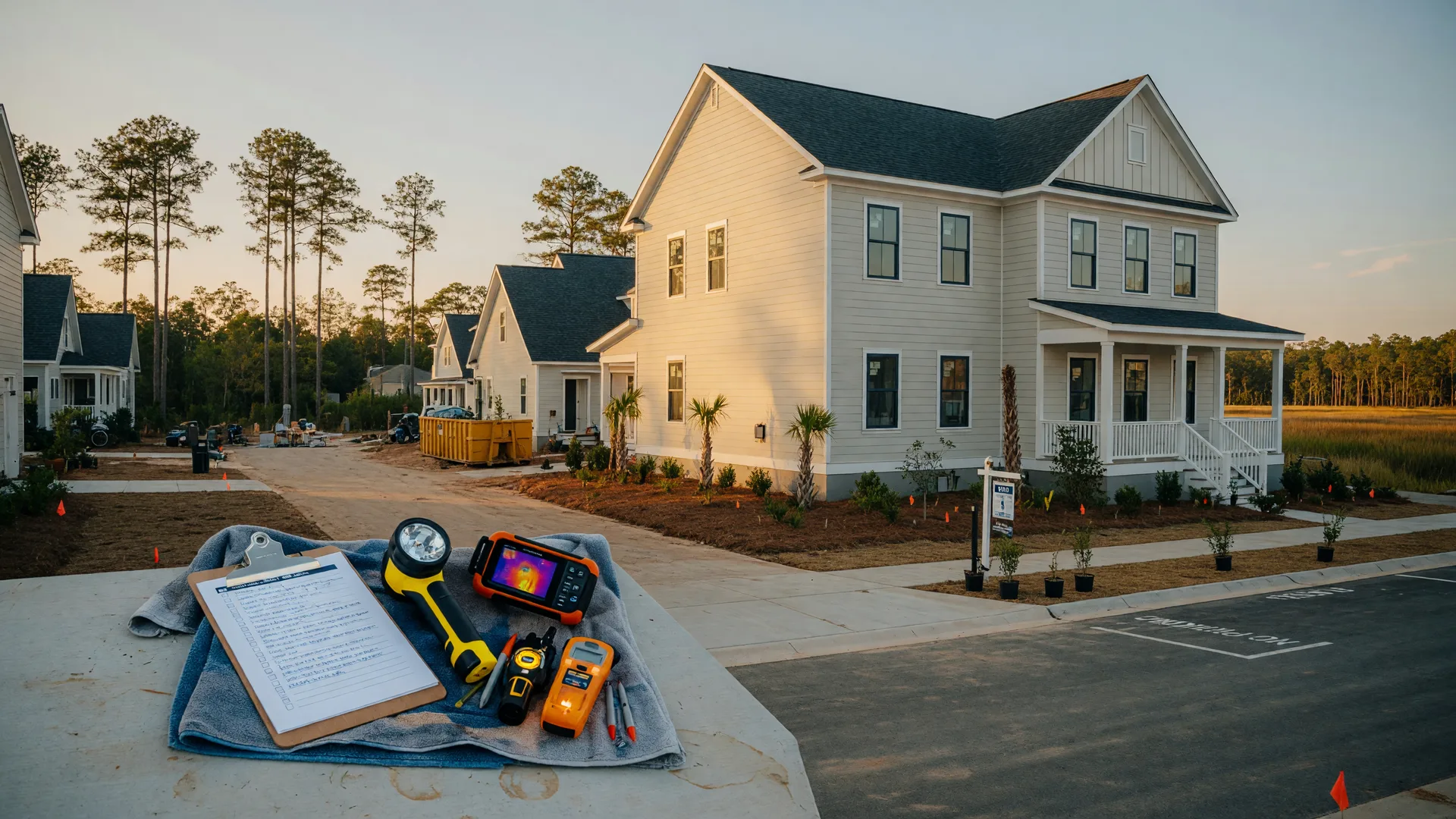 A home inspector's clipboard, flashlight, thermal imaging camera, and voltage tester on the driveway in front of a brand-new home at golden hour