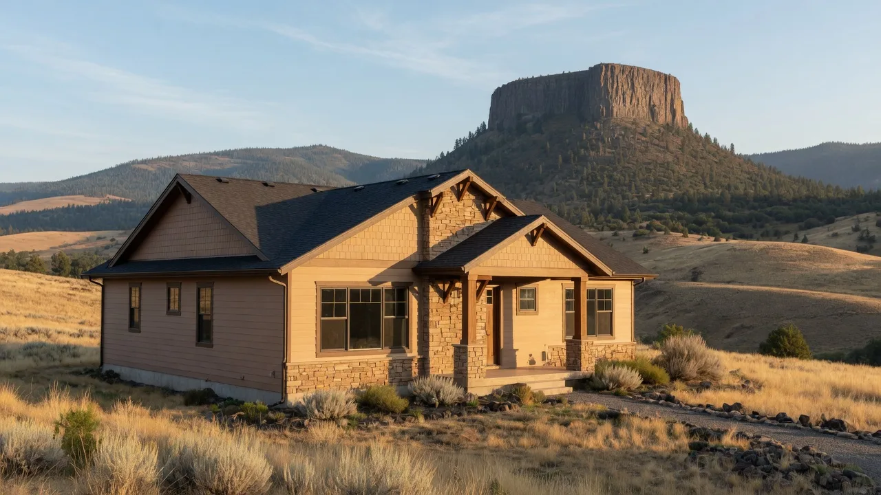New wildfire-hardened craftsman home with fiber-cement siding and a stone accent, with Upper Table Rock rising in the distance under a clear late-summer sky