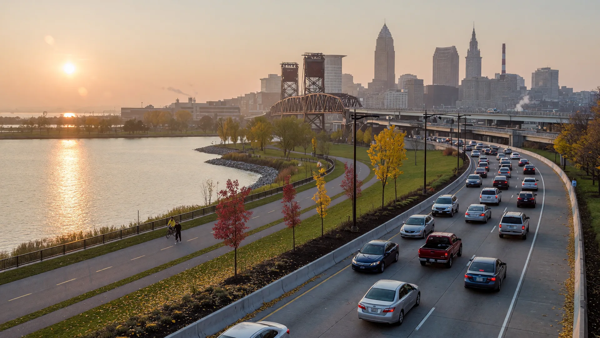 Morning rush hour on the Cleveland Memorial Shoreway (Route 2) along the Lake Erie shoreline, eastbound traffic flowing toward the downtown Cleveland skyline with the Main Avenue Bridge crossing the Cuyahoga River in the middle distance