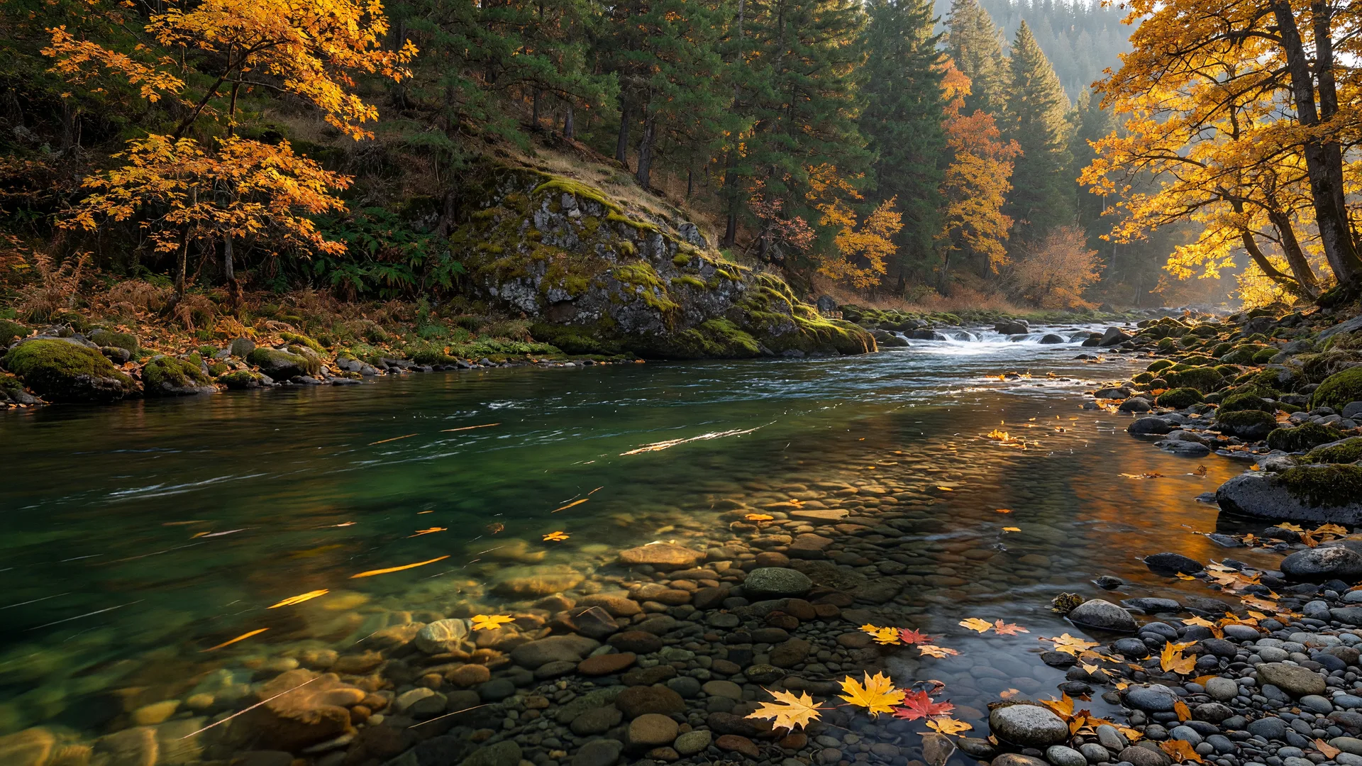 Autumn riffle on the Rogue River in southern Oregon, clear green water over gravel with gold and amber fall foliage on the banks