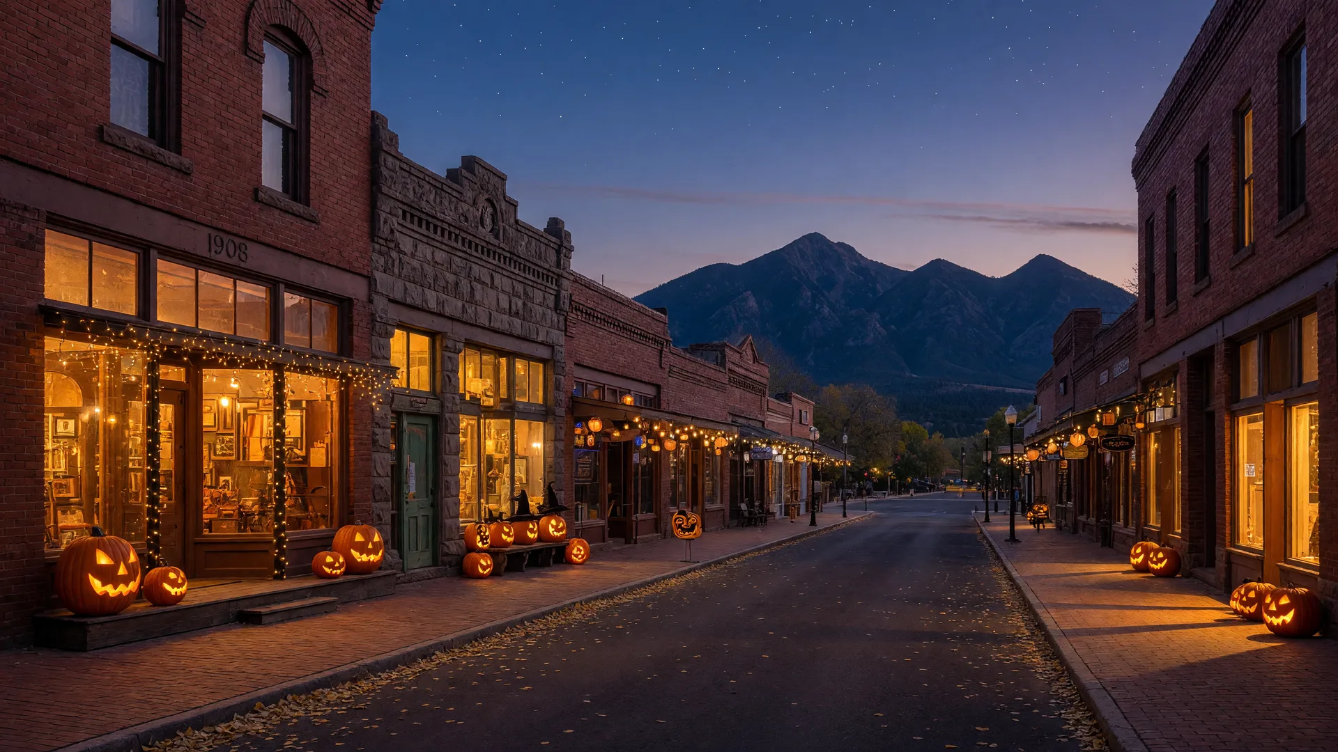 Historic downtown Flagstaff storefronts at dusk in late October, jack-o'-lanterns and string lights glowing against the dark silhouette of the San Francisco Peaks