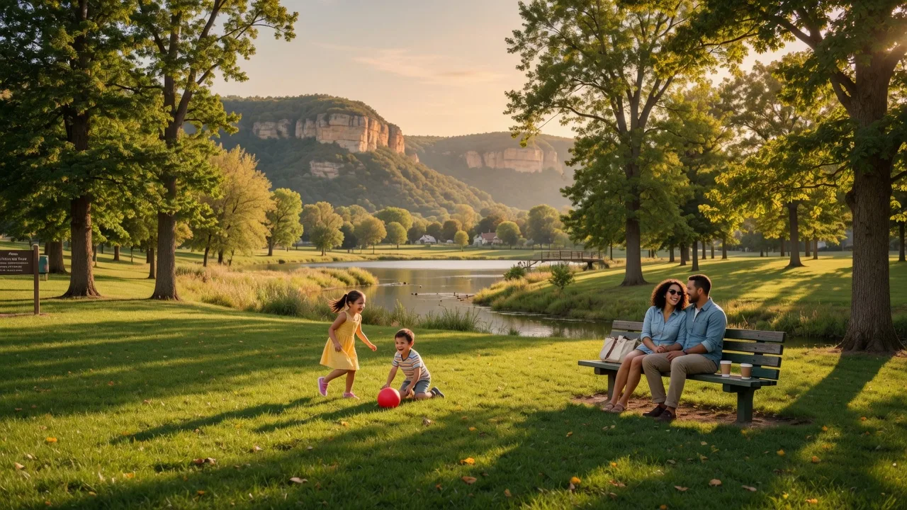 A family enjoying the beautiful parks and natural scenery of Parkville, Missouri with the river bluffs in the background