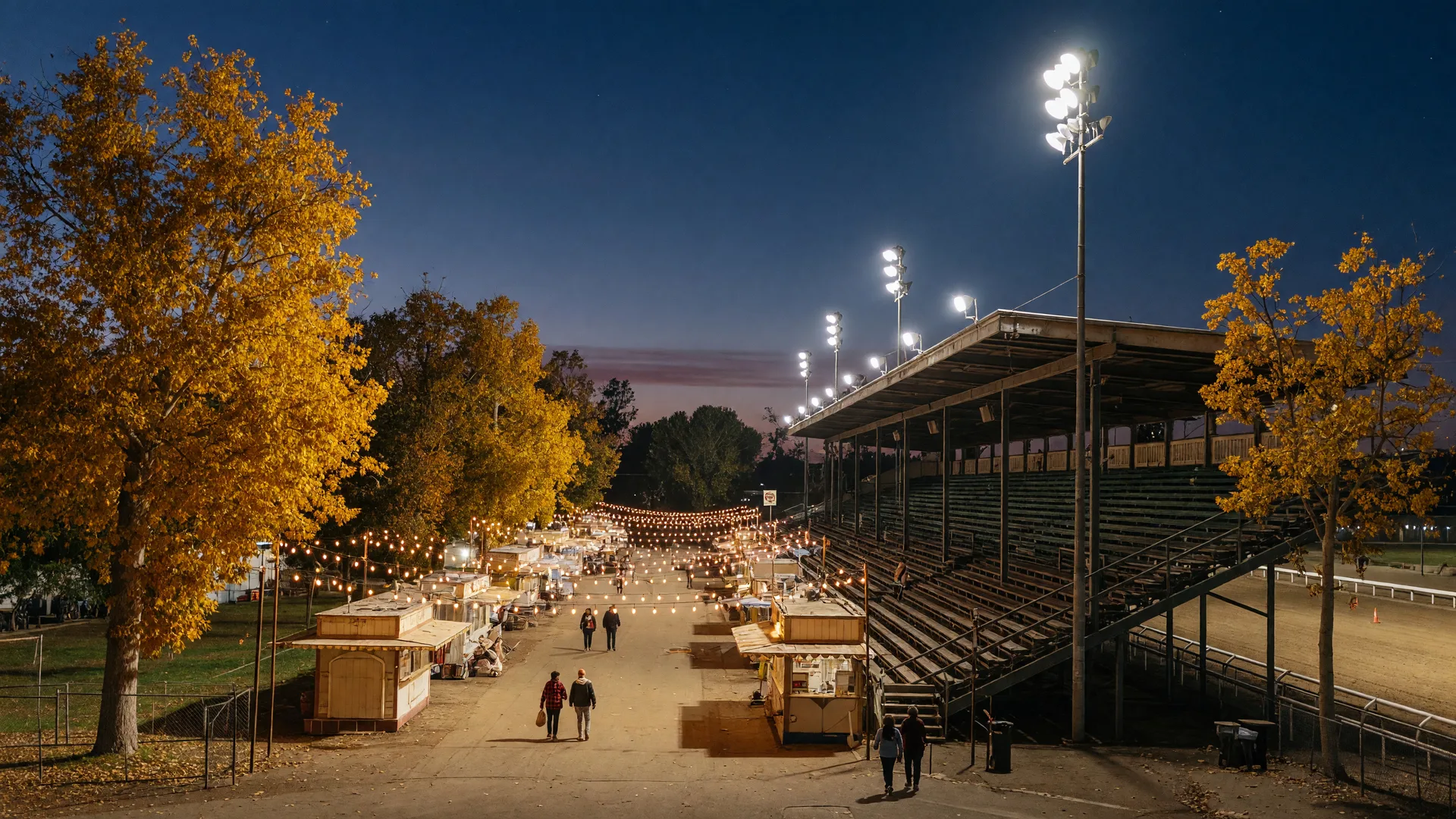 A California fairgrounds grandstand and racetrack at dusk with warm midway lights and golden autumn trees