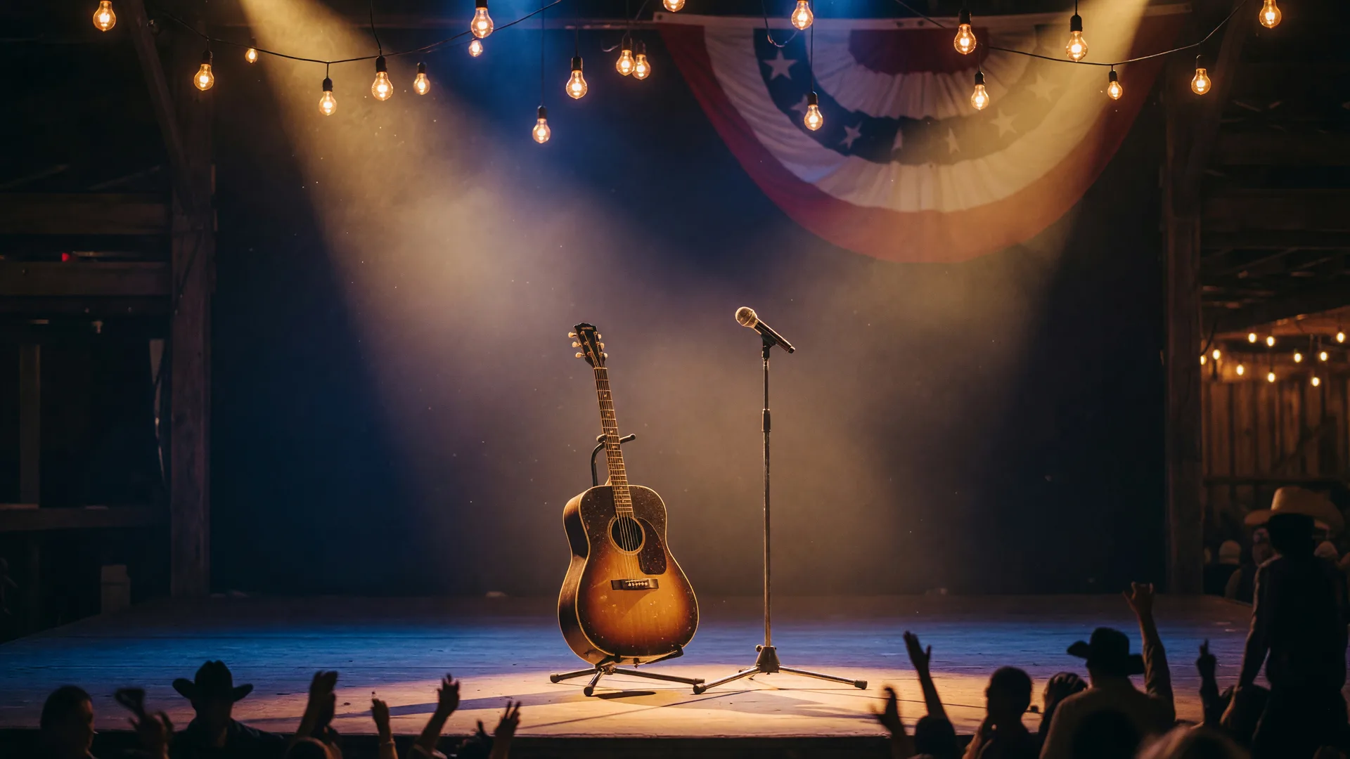 A rustic Texas country stage with a vintage acoustic guitar and microphone under warm golden spotlights with Edison bulbs in the dark background