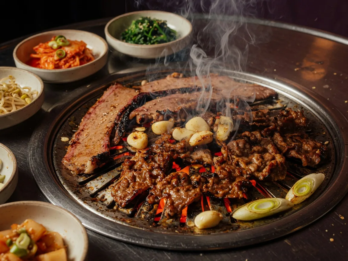 Thin-sliced bulgogi and brisket sizzling on a round Korean barbecue grill with garlic and scallions at Meat 120 Korean BBQ