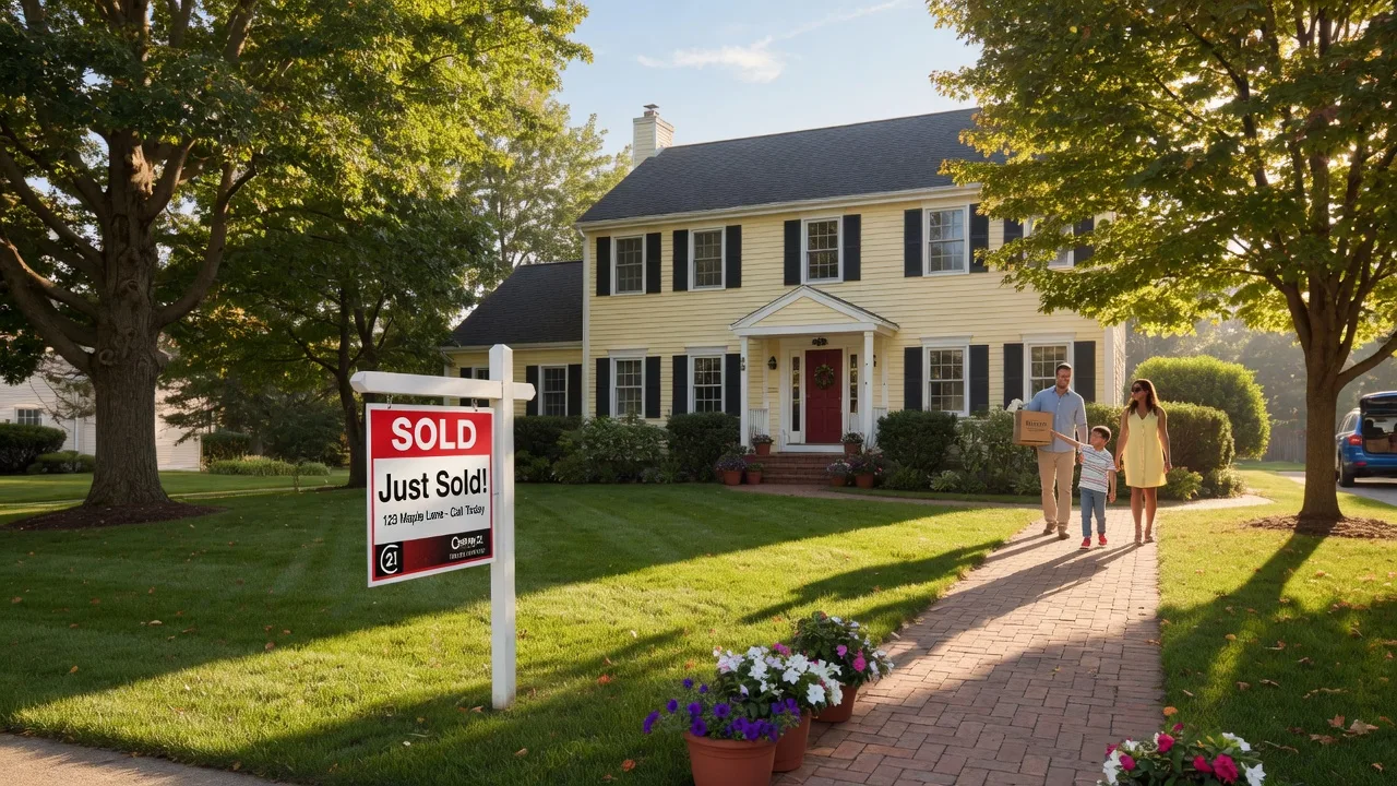 Suburban home with SOLD sign, young family walking toward the door