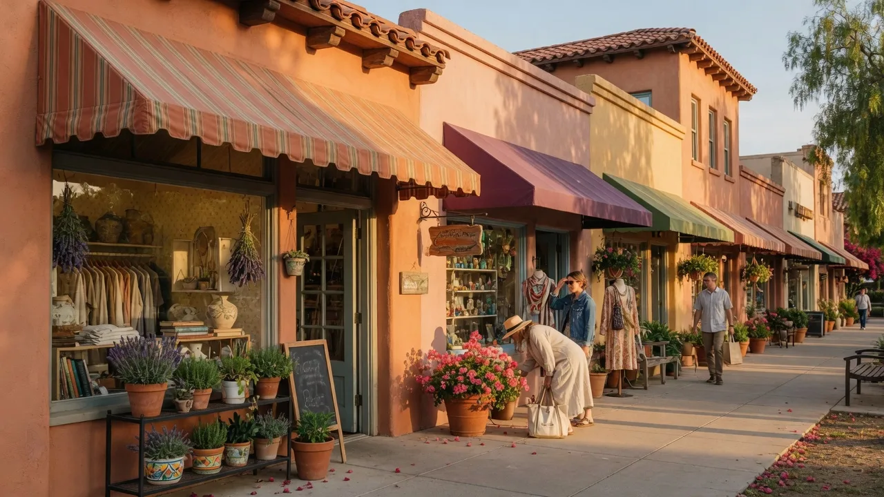 Charming boutique storefronts in Old Town Murrieta, California with shoppers browsing on a sunny afternoon