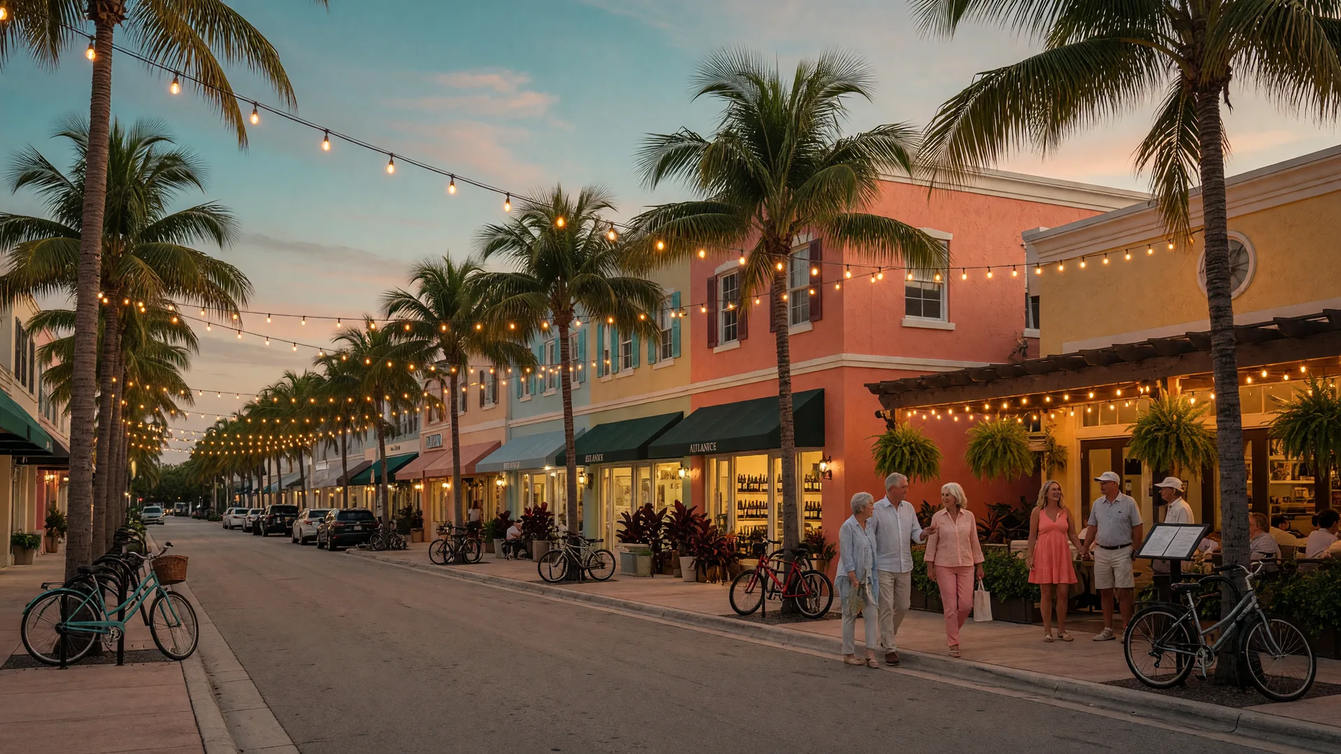 Atlantic Avenue in downtown Delray Beach at dusk with Mediterranean storefronts, string lights, and palm trees glowing at golden hour