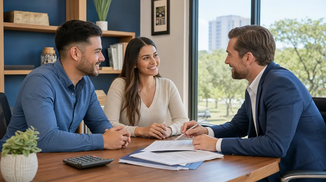 Family meeting with mortgage specialist in a bright Texas office discussing down payment assistance options