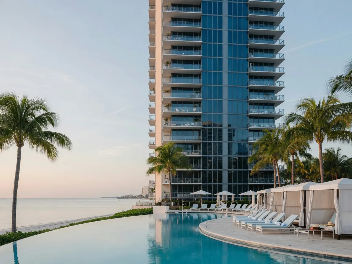 Luxury condominium tower in Naples, Florida with a resort pool, palms, and cabanas with the Gulf at the horizon line