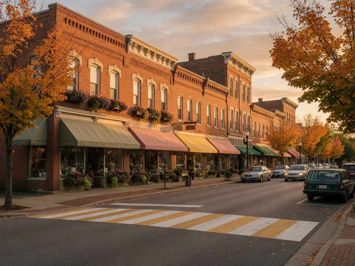 A warm golden-hour view of historic downtown Springboro, Ohio with brick storefronts, canvas awnings, flower boxes, and early-turning maple trees along the main street