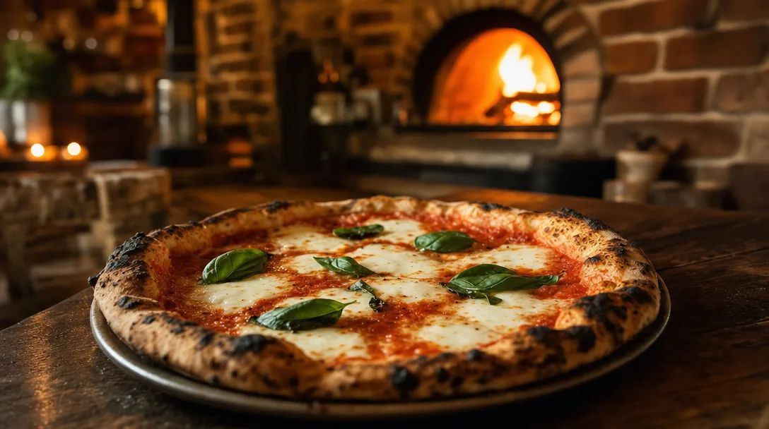 Wood-fired Neapolitan pizza with blistered crust, melted mozzarella, and fresh basil at D'Italia Pizzeria Napoletana in Flowery Branch Georgia