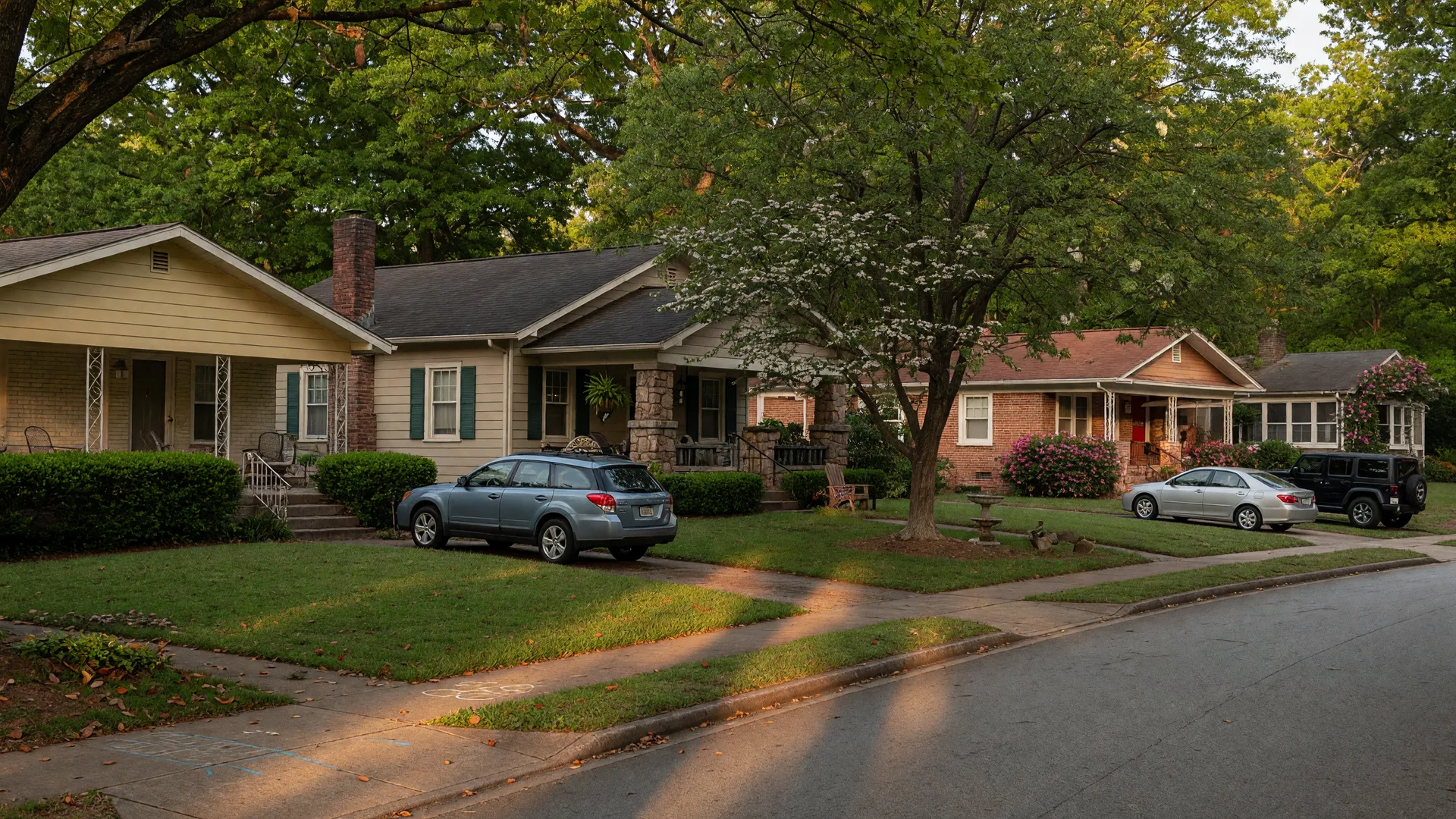 Tree-lined residential street in Hedge Rose with mid-century ranch homes and craftsman bungalows under a canopy of mature shade trees