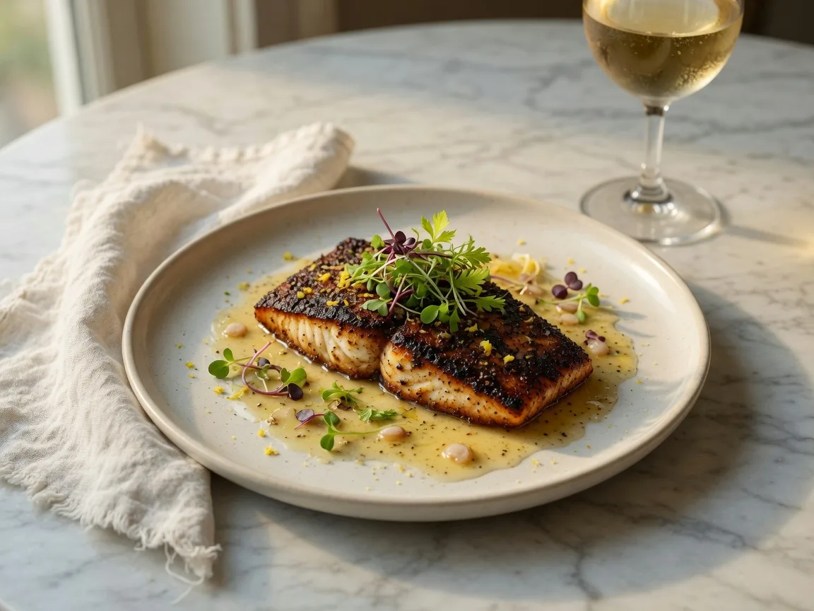 Blackened redfish fillet with a golden crust, lemon-butter pan sauce, and microgreens plated on cream ceramic at Seaside Coastal Kitchen