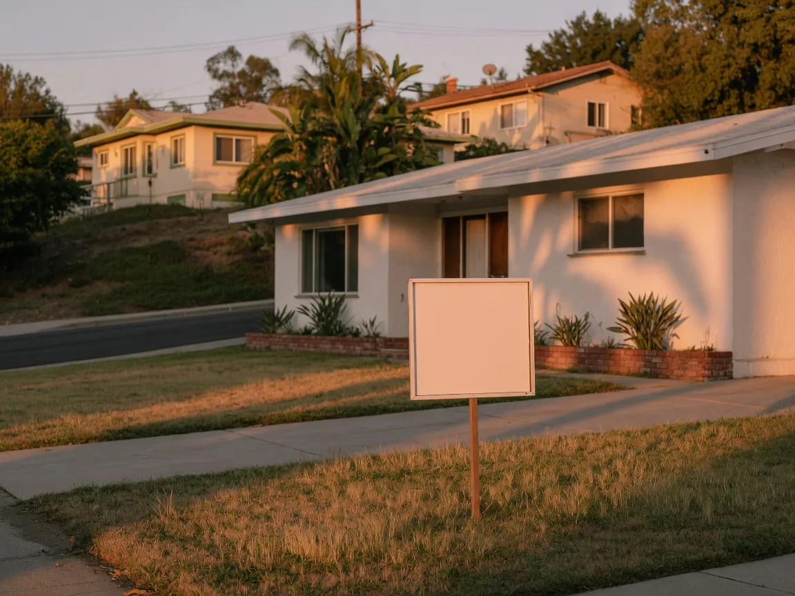 A white ranch home on a quiet hillside street at golden hour with a real estate sign in the yard