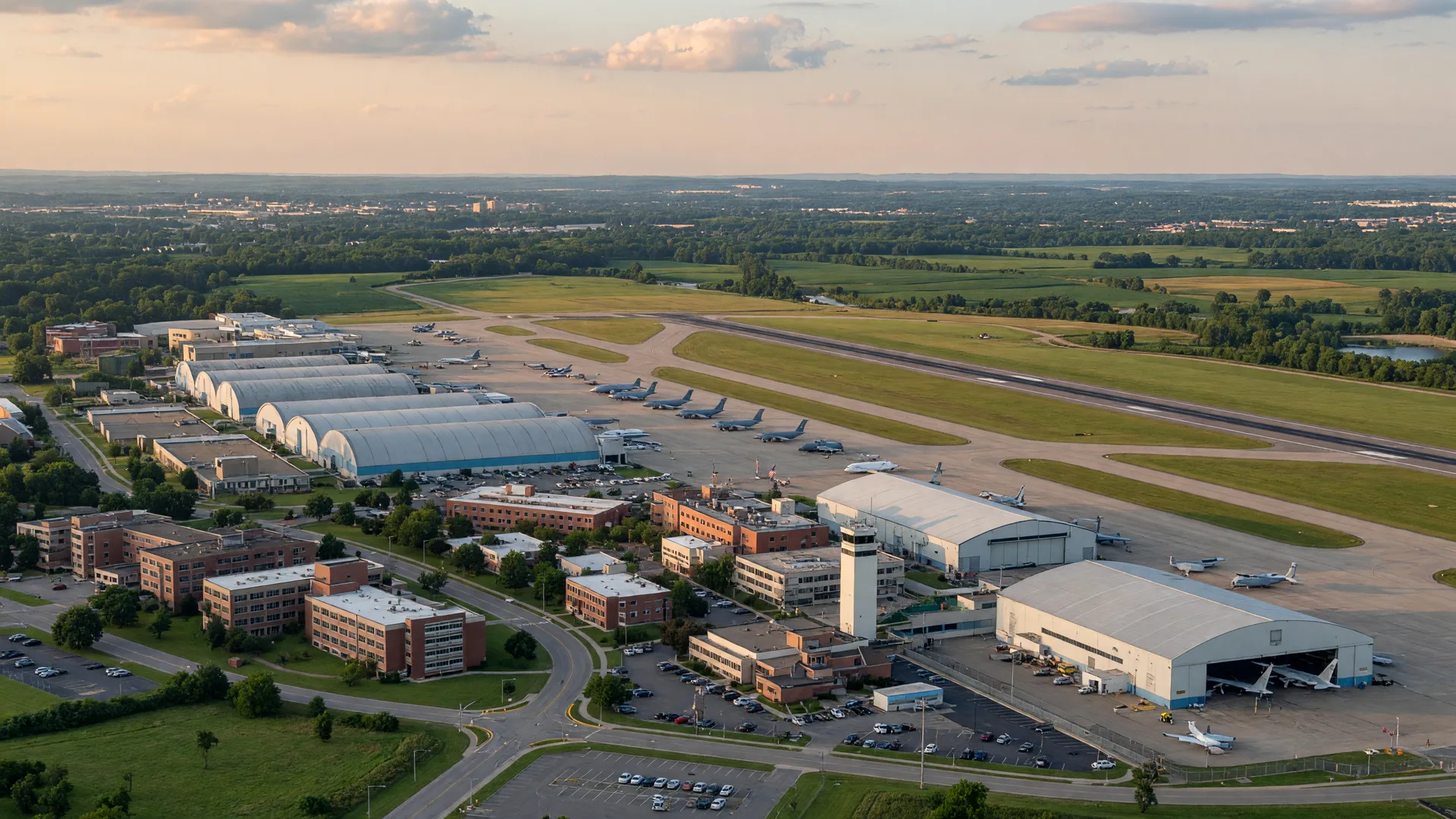 Aerial view of Wright-Patterson Air Force Base in Dayton, Ohio on a clear summer morning