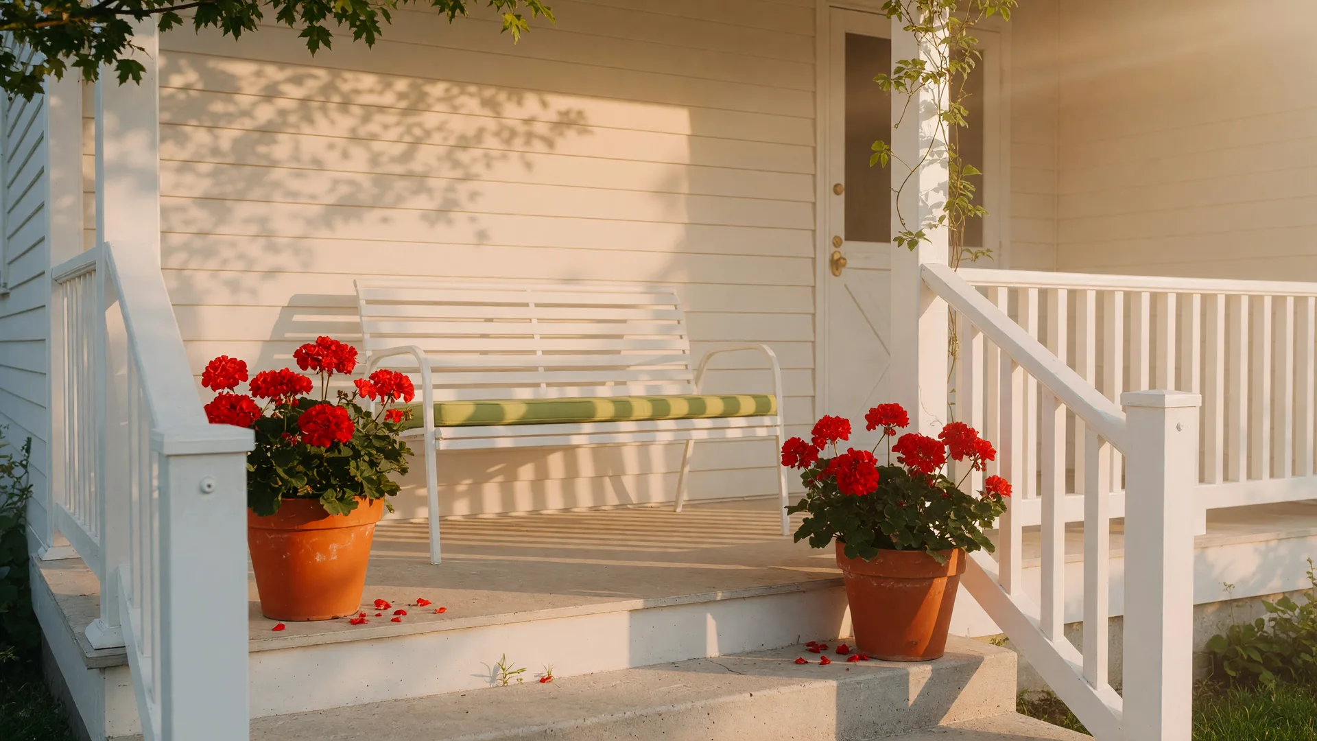 Sunlit suburban front porch in early morning light with freshly painted white railing and terracotta pots