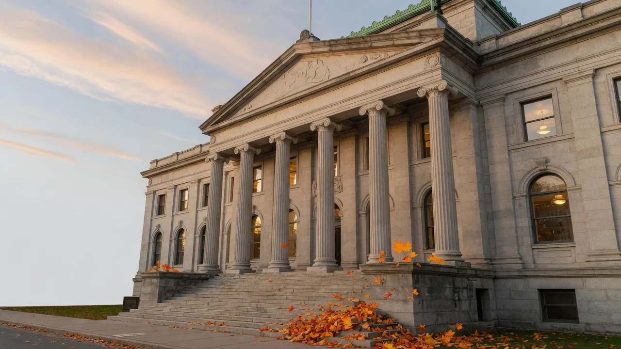 Stately Canadian bank building with neoclassical columns in autumn light, with maple leaves scattered on the stone steps