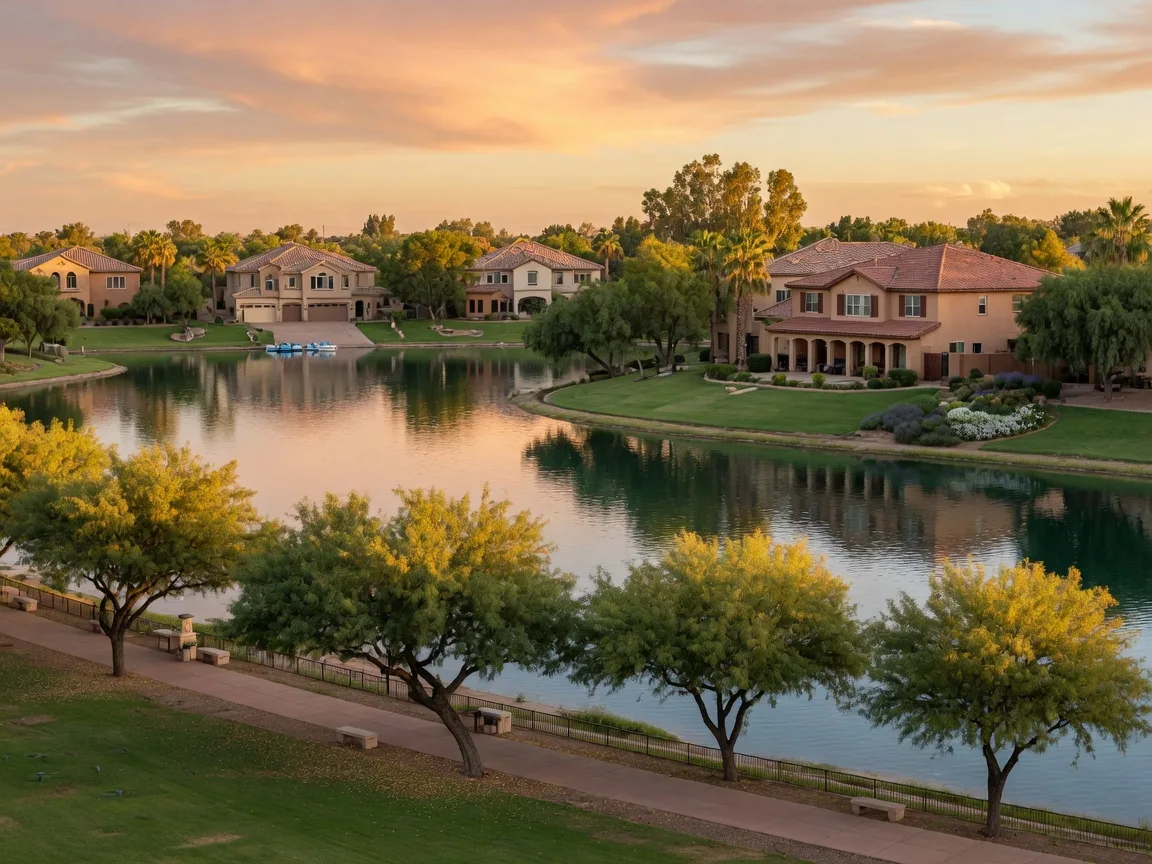 Val Vista Lakes community in Gilbert Arizona with a calm man-made lake, mature trees, and upscale waterfront homes