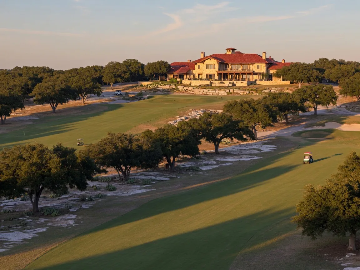 Two fairways of the Fair Oaks Ranch Golf and Country Club lined with live oaks, with a stone clubhouse with a red tile roof in the middle distance at golden hour