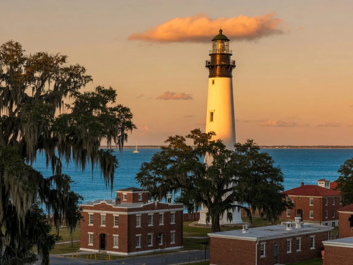 The white Pensacola Lighthouse with its black lantern room rising above live oaks at golden hour, Pensacola Bay behind it.