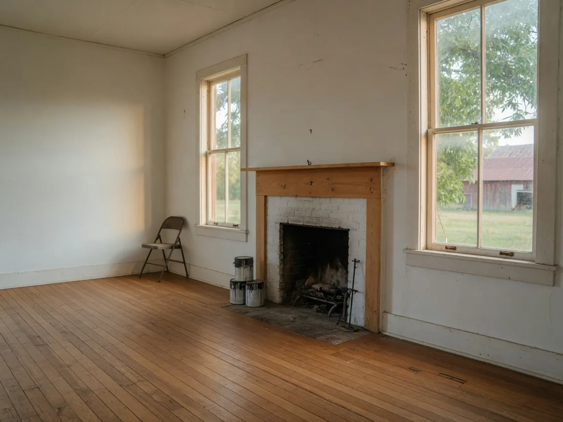 The interior of an older rural farmhouse in Northeast Texas with original heart-pine floors, tall windows, fresh white walls, and a wood-burning fireplace