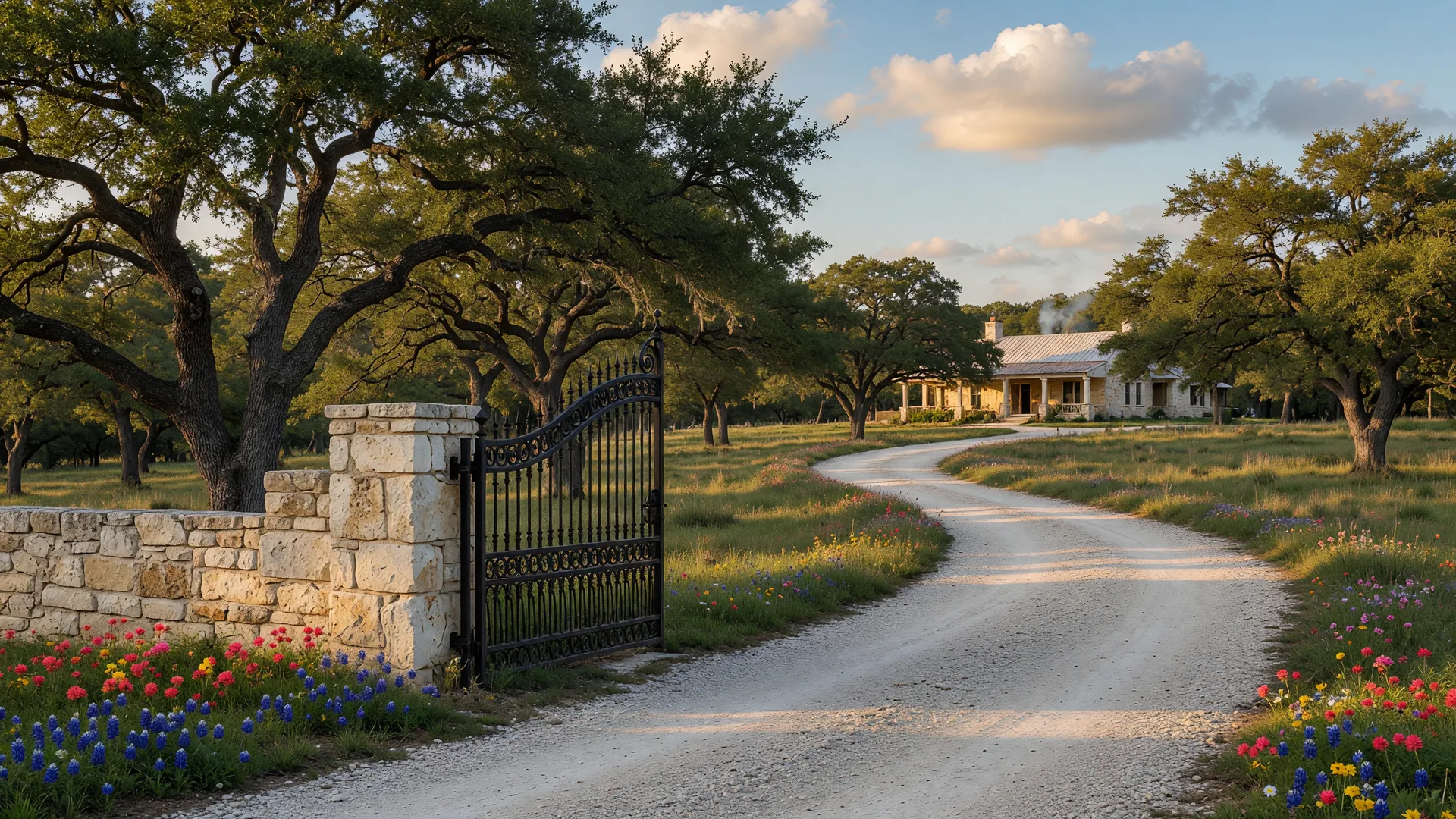 A welcoming Texas Hill Country homestead driveway entrance with limestone wall and wrought-iron gate, live oaks and wildflowers in the foreground
