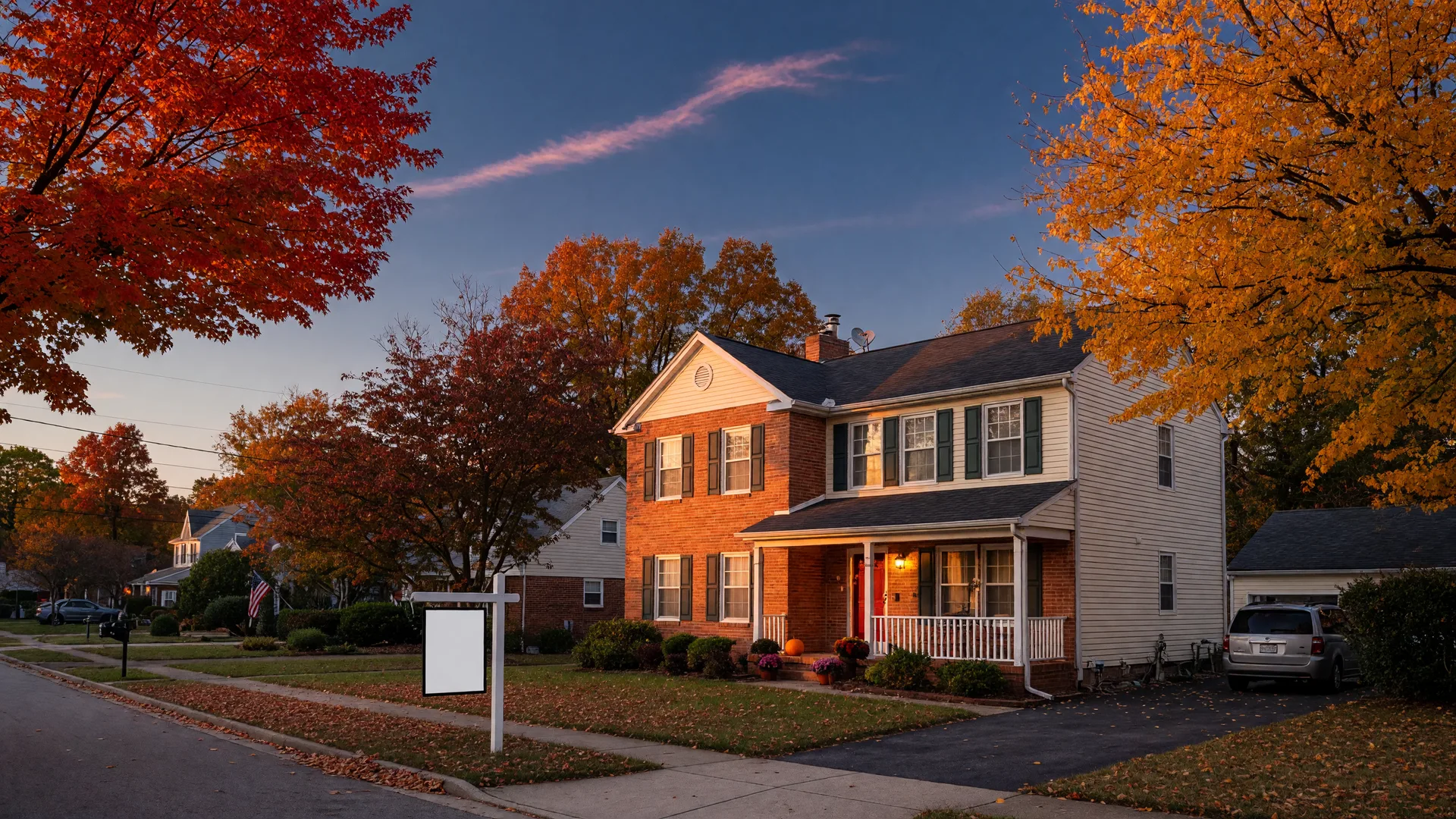 Two-story brick-and-siding Triangle-area home at golden hour in late October with autumn maples in full color and a for-sale sign in the yard, the seller net sheet math Triangle homeowners face in fall 2026