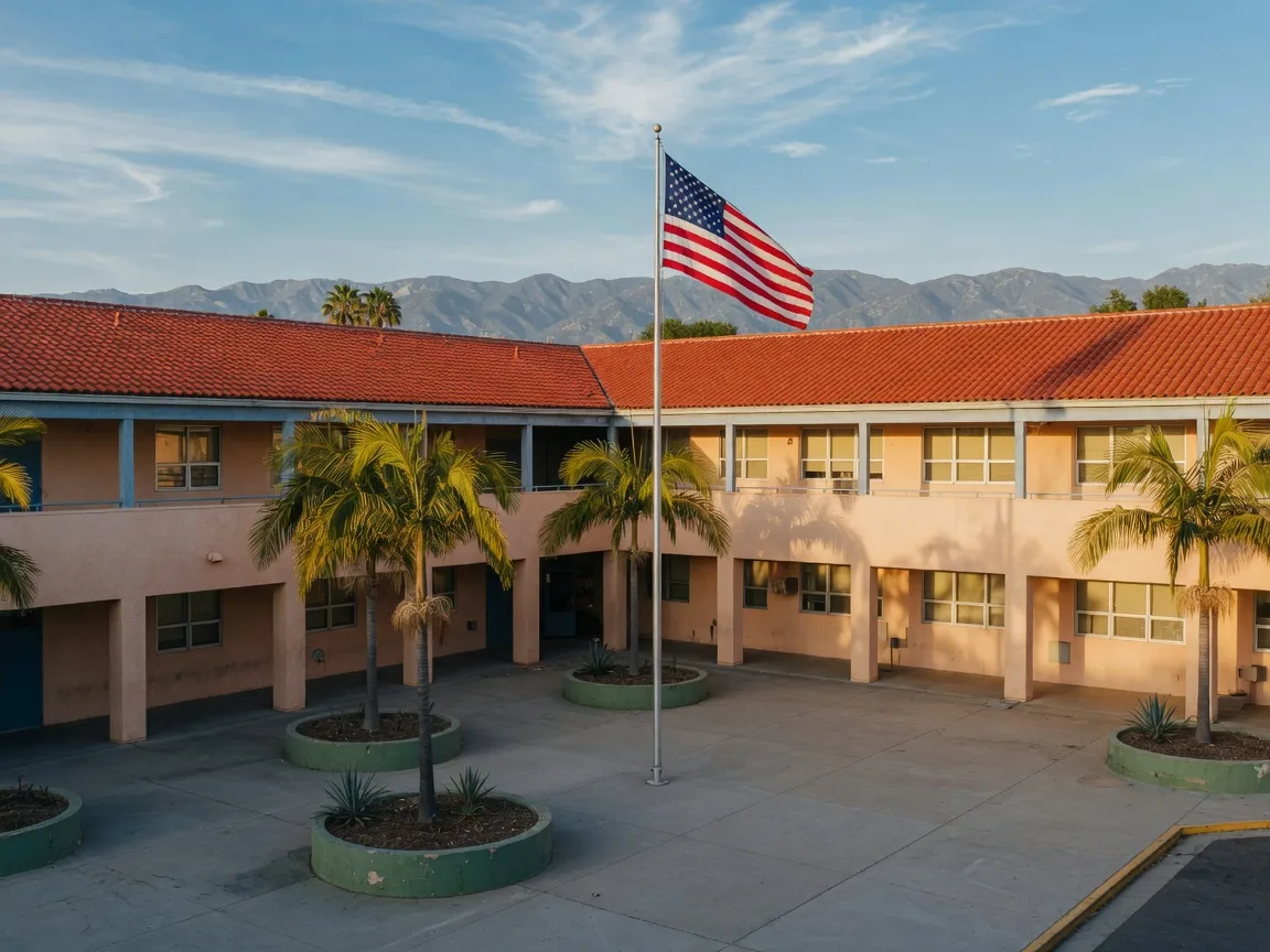 Beaumont high school campus building with a courtyard and mountains on the horizon