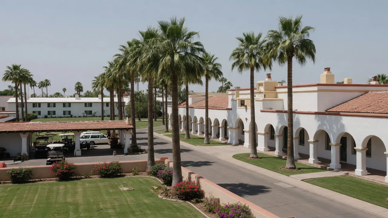 The Wigwam historic Arizona golf resort with palm-lined drive and Spanish colonial revival architecture