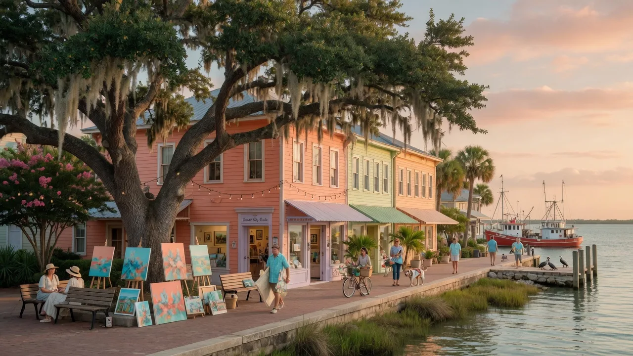 A charming Texas coastal arts town with galleries, shops, and a waterfront