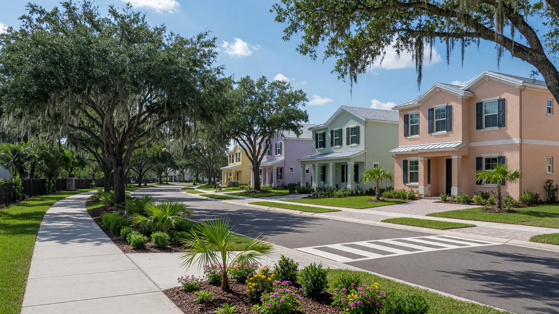 A bright afternoon view of new Oviedo homes: modern Florida townhomes with pastel stucco and dark shutters, live oaks draped with moss along the street, and a paved walking trail with a crosswalk.