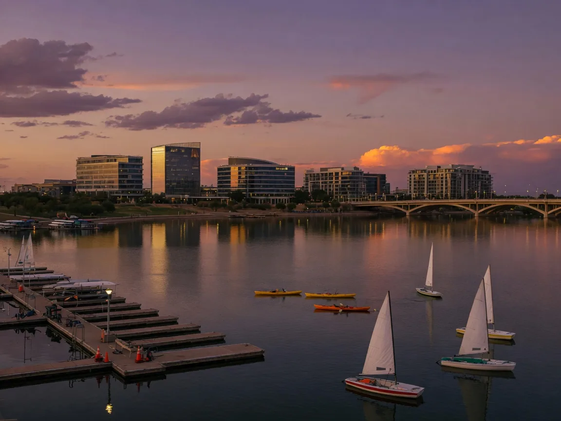 Sailboats and kayaks on Tempe Town Lake at dusk with the downtown Tempe skyline reflecting in the water