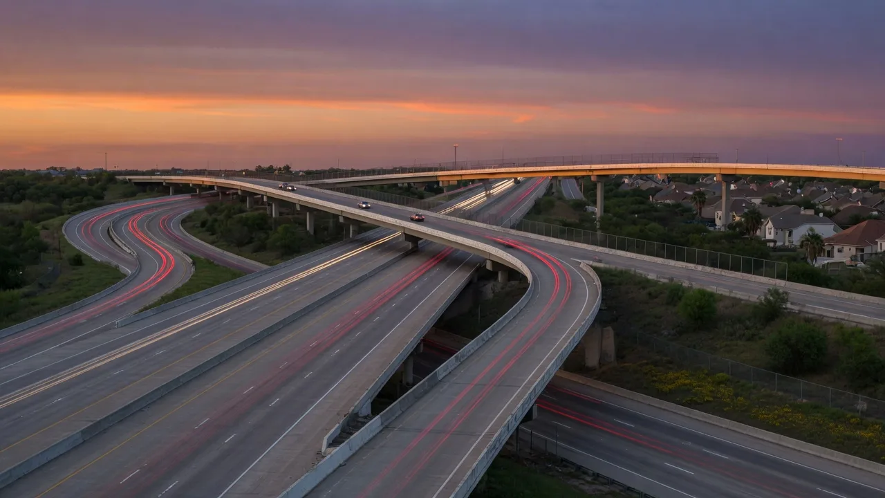Illustrative image of a Texas interstate interchange at dusk