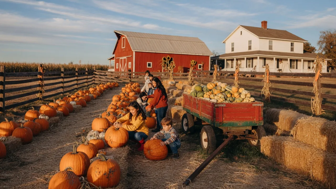 Family pumpkin patch at Gilchrist Farm in Santa Clarita Valley with pumpkins and hay bales