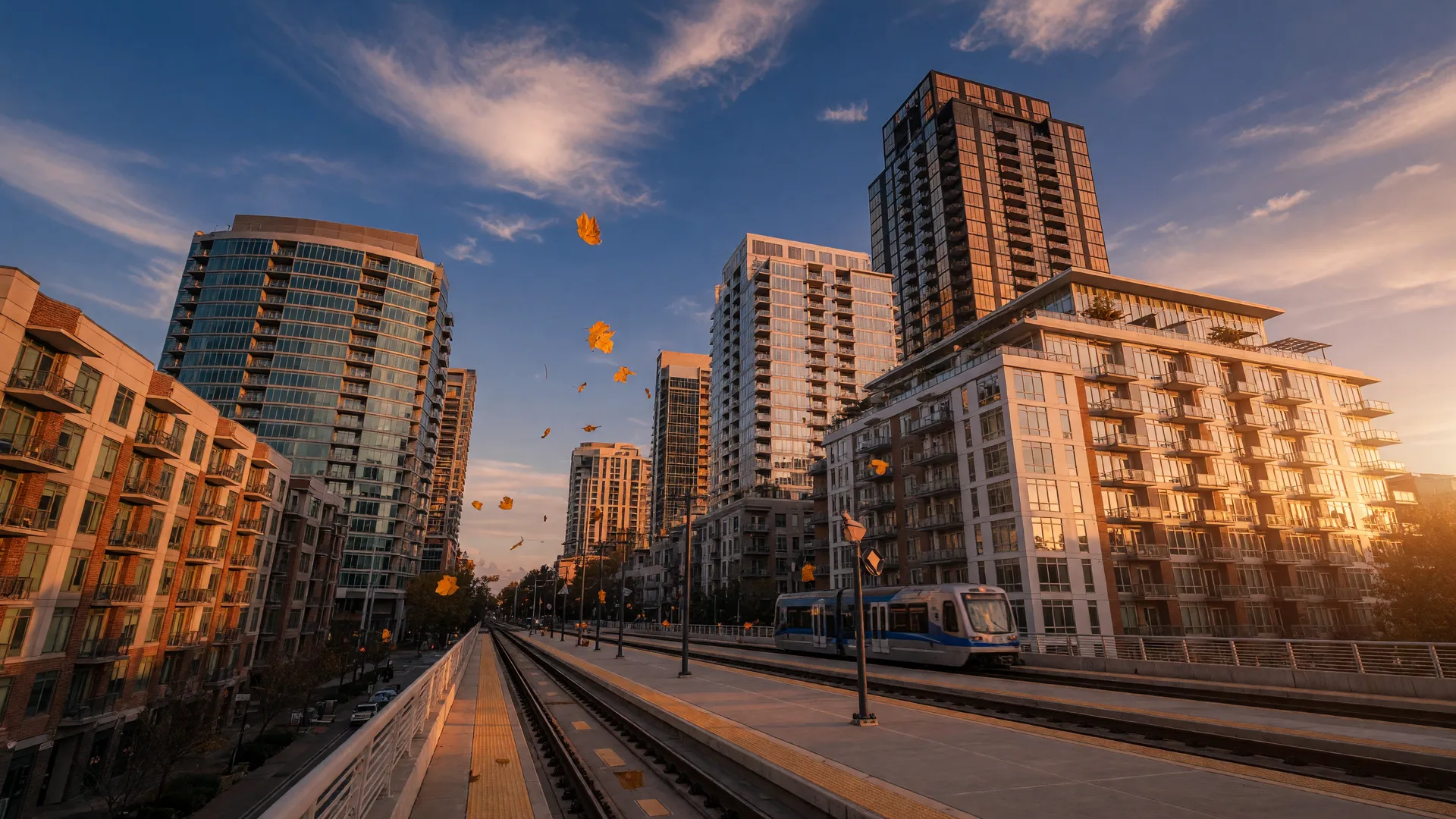 Uptown Charlotte skyline at golden hour with glass high-rise towers along the light rail corridor